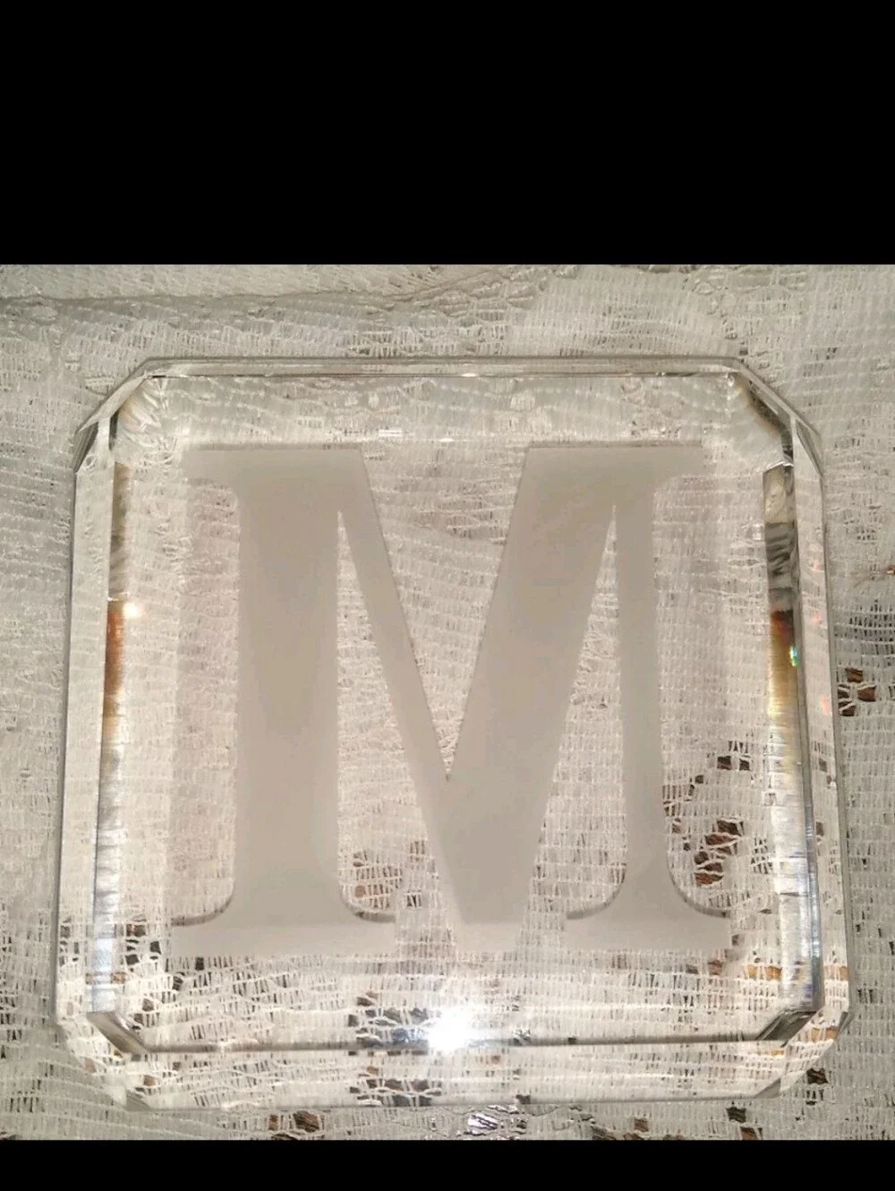 Monogram 'M' Etched Glass Paperweight